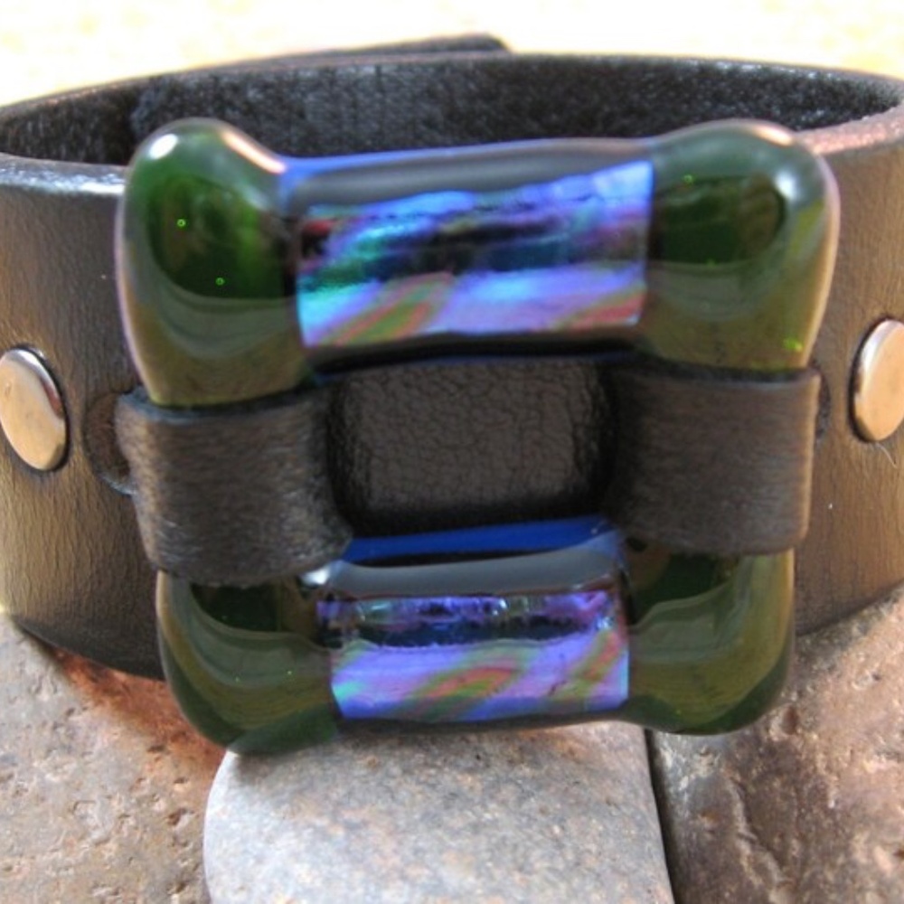 Upcycled Black Leather Wrist Belt with Fused Glass Focal